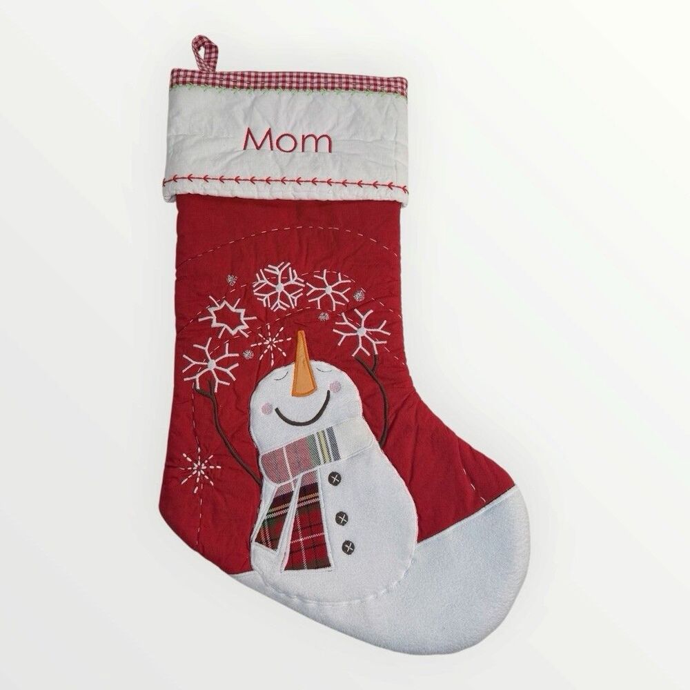 Pottery Barn Kids “MOM” Snowman  Quilted Christmas Stocking Snowflakes 20 X 11”